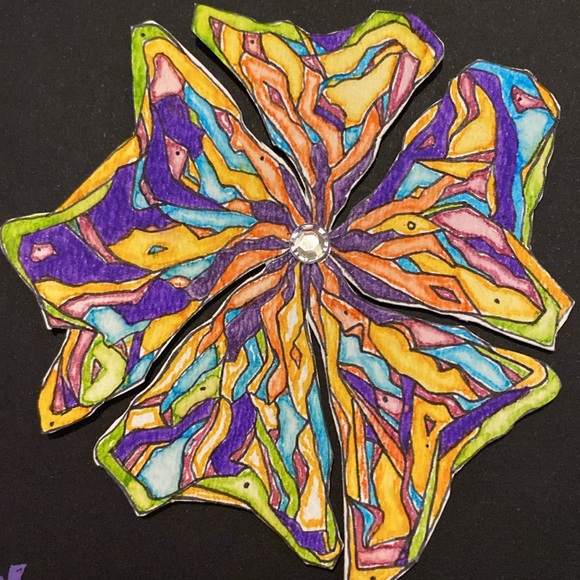 Unframed Original Art Watercolour & Ink Flower w Crystal Centre on Black Paper - Picture 3 of 5